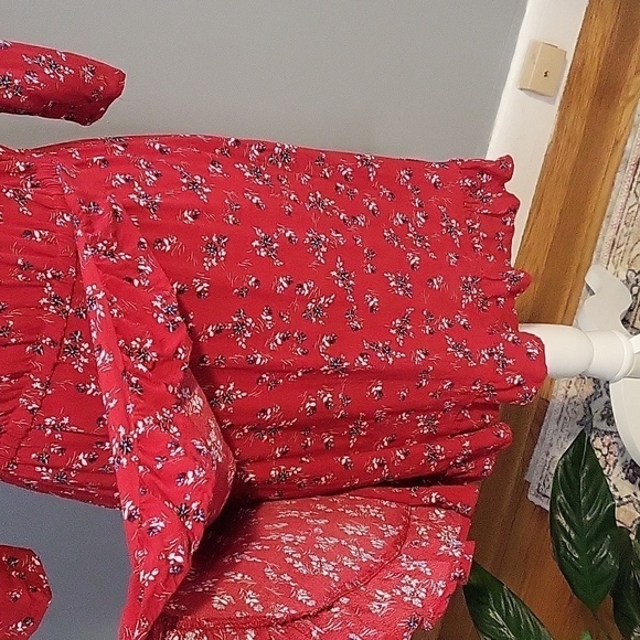 Gap Red Floral Faux Wrap Rayon Pullover Elastic Waist Dress - Size SP - Picture 5 of 8